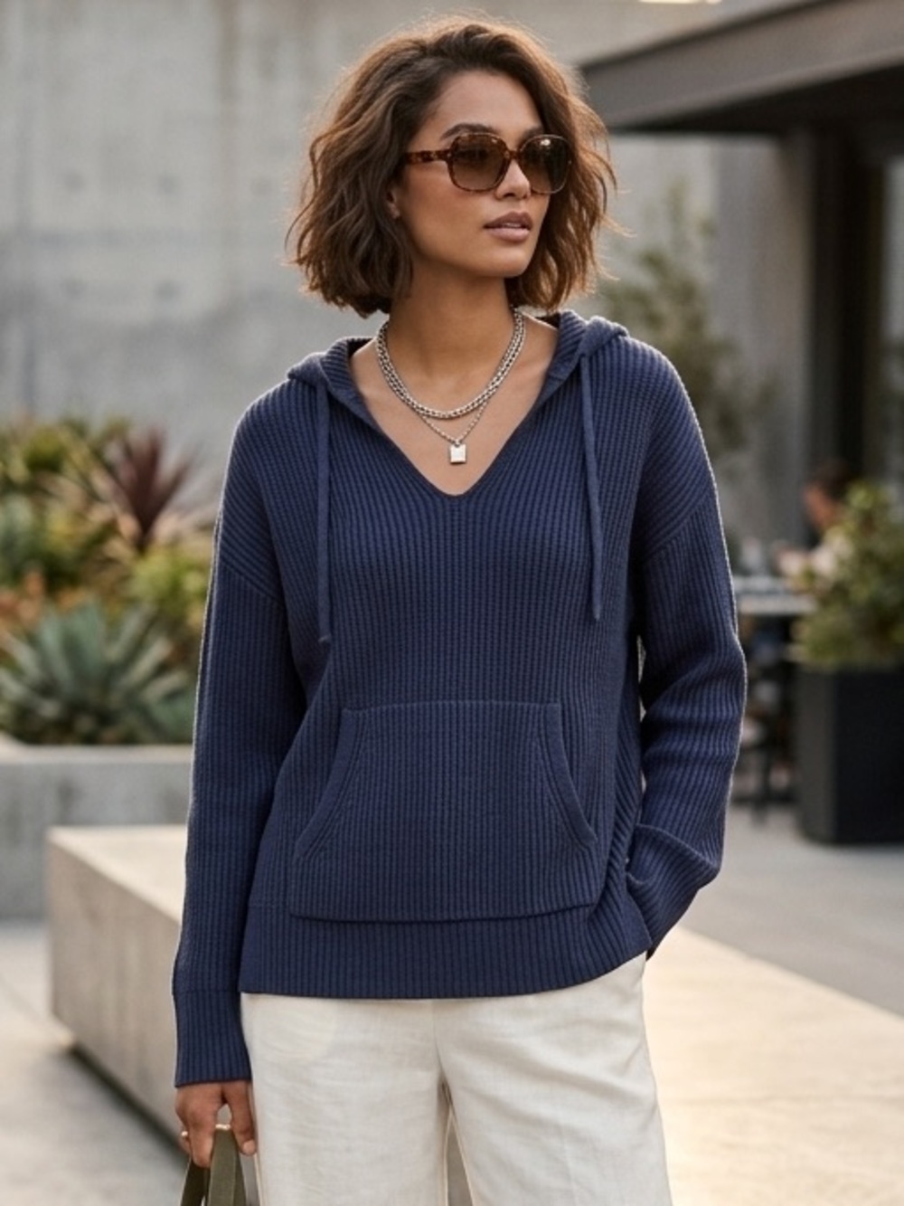 J. Crew Ribbed Knit Hooded Pullover - Slate Blue